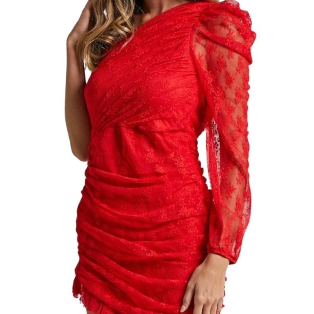 Whyte Valentine Red Lace One Shoulder Ruched Puff Sleeve Mini Dress